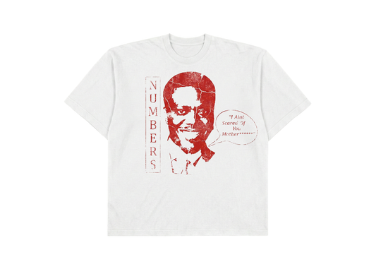White t-shirt with red graphic design featuring a face and text on a white background